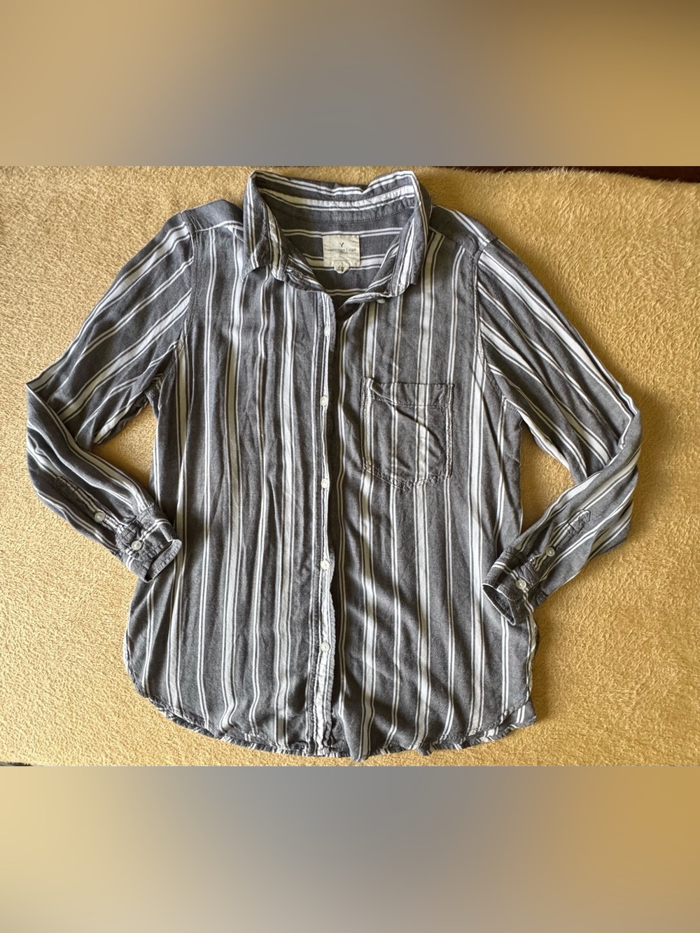 American Eagle Outfitters Gray and White Striped Button-Down Shirt